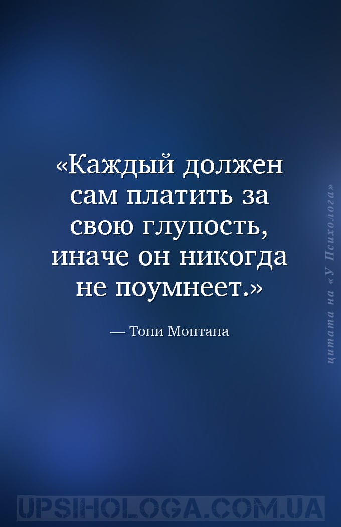 Каждый должен сам платить за свою глупость, иначе он никогда не поумнеет. — Тони Монтана